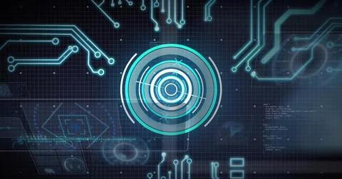 Scanning central concentric HUD radar graphic rotating on virtual UI, with gr Ilustración de archivo