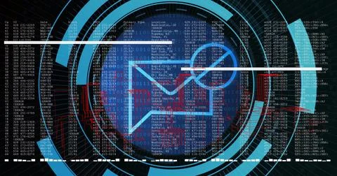 Scanning central envelope icon pulsing inside cyber dashboard, with HUD rings Stockillustratie