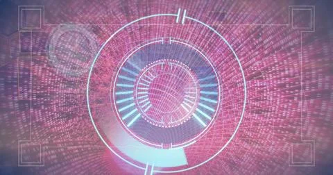 Scanning central glowing HUD interface in digital scene, with streaming code and Stock Illustration