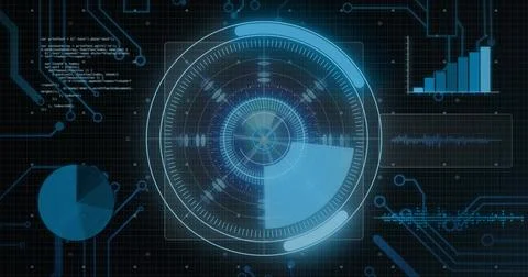 Scanning central holographic interface on dark grid HUD, displaying pie chart, Stock Illustration