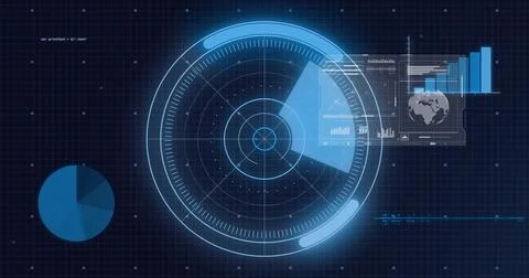 Scanning central radar HUD sweeping on digital analytics dashboard, displaying Stock Illustration