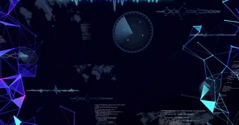Scanning central radar at virtual HUD, showing map, waveforms, code, purple and Stockillustratie