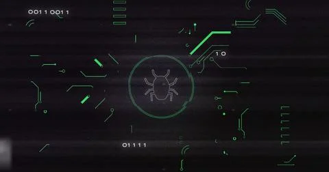Scanning central reticle highlighting stylized bug glyph on dark HUD, with Stock Illustration