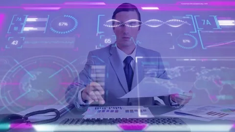 Scanning chart, man writing, shifting docs, tapping keys, consulting translucent Stock Footage 334040408