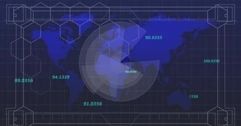 Scanning circular overlay rotating over digital world map on dashboard, with Fotos Stock