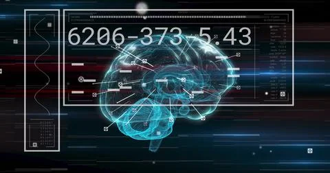 Scanning dashboard analyzing cyan mesh brain following incoming data stream, 스톡 사진