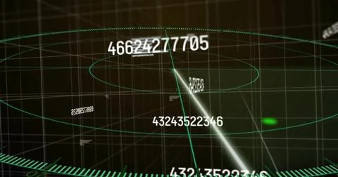 Scanning diagonal beam intersecting floating numeric labels in radar interface, 스톡 사진