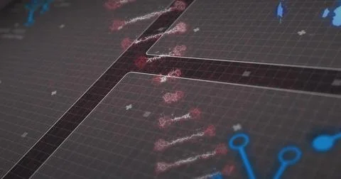 Scanning diagonal red node chain across dark grid UI, showing thin filaments  Stock Illustration