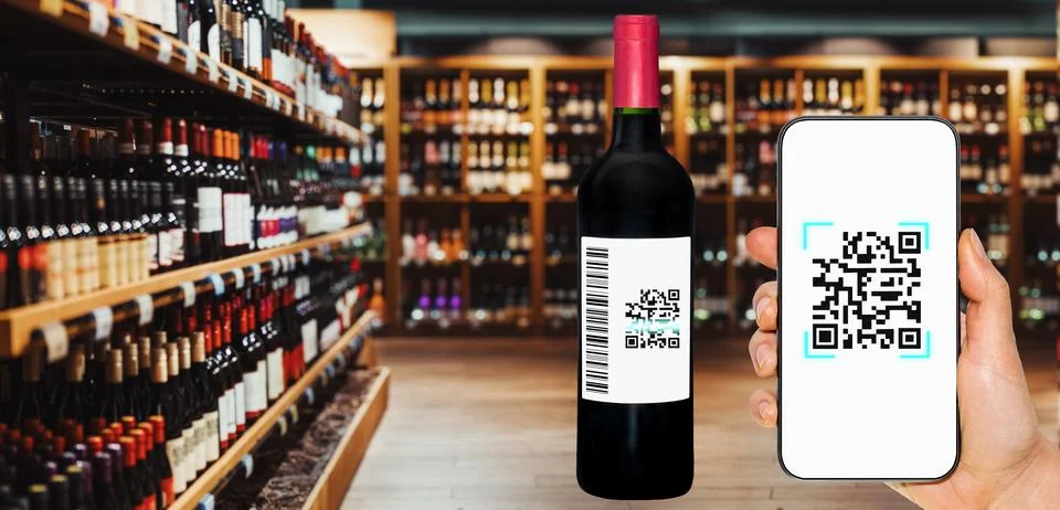Scanning E-label concept for alcohol production and selling industry. Scannin Stock Photos