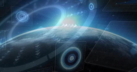 Scanning Earth hemisphere from low orbit, HUD overlaying concentric reticles, Stock Photos