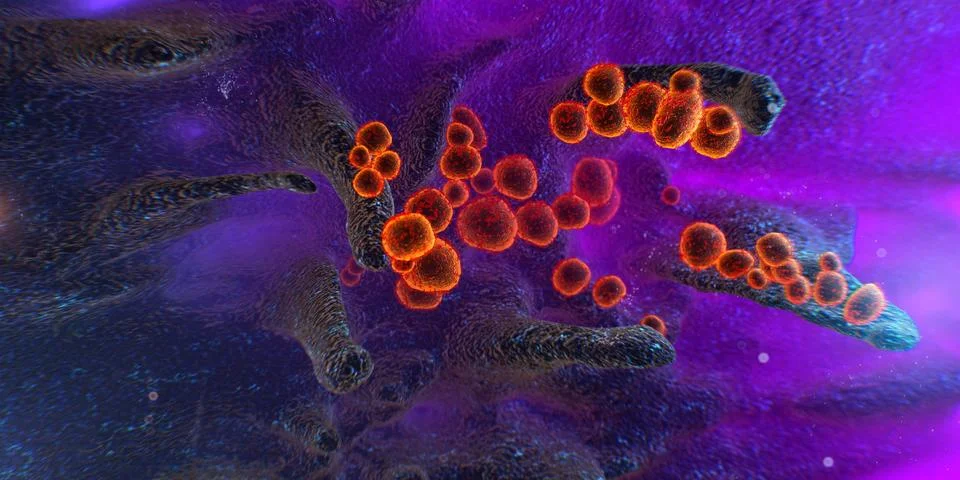 Scanning electron microscope image shows SARS-CoV-2, 2019-nCoV, the deadly vi Stock Illustration