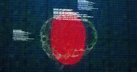 Scanning fingerprint on digital screen with binary code, emphasizing Stock Photos