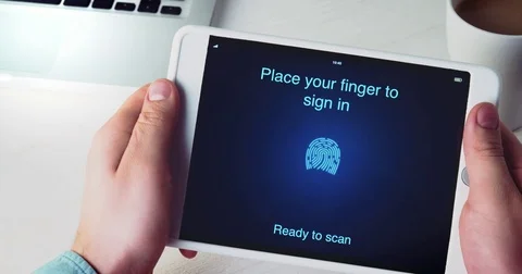 Scanning fingerprint for verifying identity on digital tablet 스톡 동영상 80765973