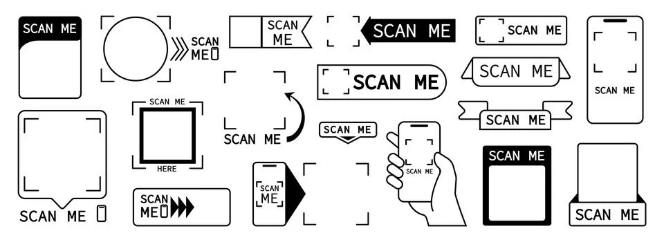 Scanning frames. Qr codes stickers and scan me inscription. Empty info banners Stockillustratie