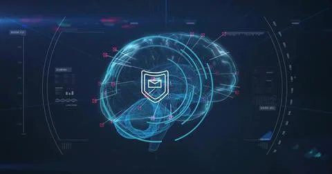 Scanning holographic brain floating at data interface, showing shield, mail icon 스톡 일러스트