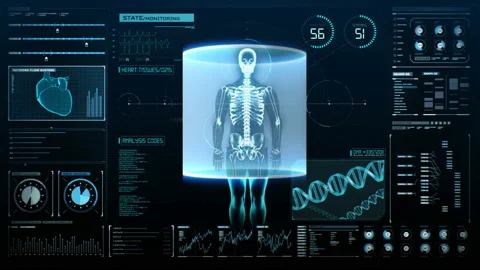 Scanning Human skeletal structure in digital display, UI,  Scanning bone. 4k. Stock Footage 99724826