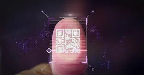 Scanning human thumb in futuristic interface, displaying QR code overlay and Stock Illustration