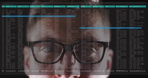 Scanning IT analyst examining logs at control room, with code overlay and Stock Photos