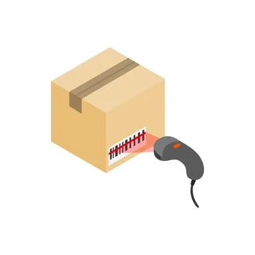 Scanning label on box with barcode scanner icon 스톡 일러스트