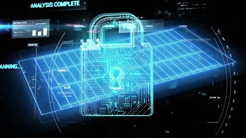 SCANNING label launching wireframe padlock icon sweeping grid and analyzing data Stock Footage 318115254