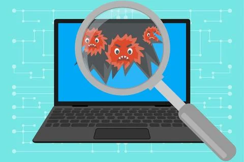 Scanning laptop computer for virus malware cyber attack vector illustration. Stockillustratie