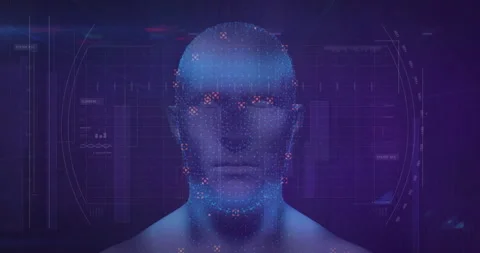 Scanning lines initiating 3D head forming mesh, red markers mapping features Stock Footage 311679178