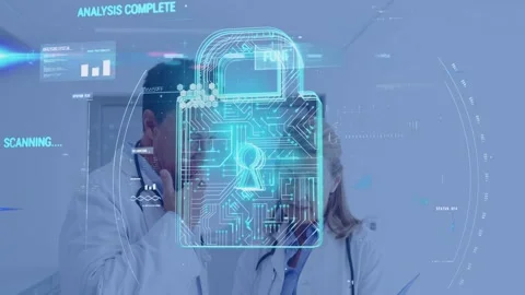 SCANNING padlock overlay medics entering, checking chart, HUD ANALYSIS or Stock Footage 332704259