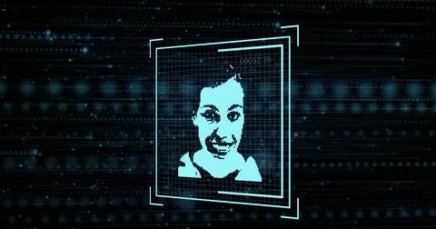 Scanning pixel female face in interface, with neon blue frame grid lines イラスト素材
