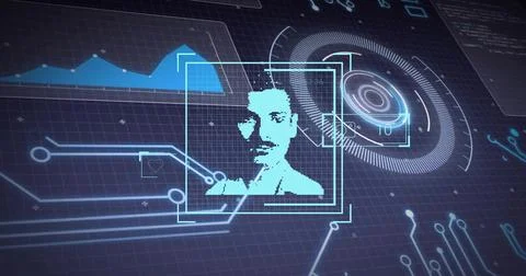 Scanning pixelated cyan portrait centered on dark grid plane, with face frame, Stock Illustration
