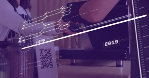 Scanning QR code, digital circuit animation over hands exchanging items Stock Footage 303616788
