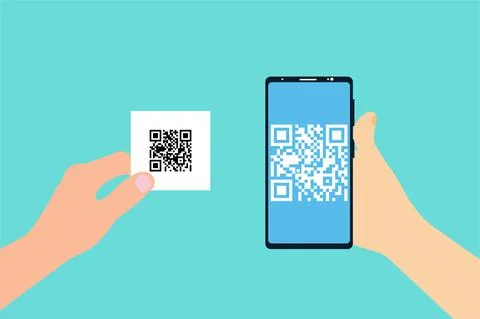Scanning QR code inside mobile concept vector. Hand holding a smartphone and  Stock Illustration