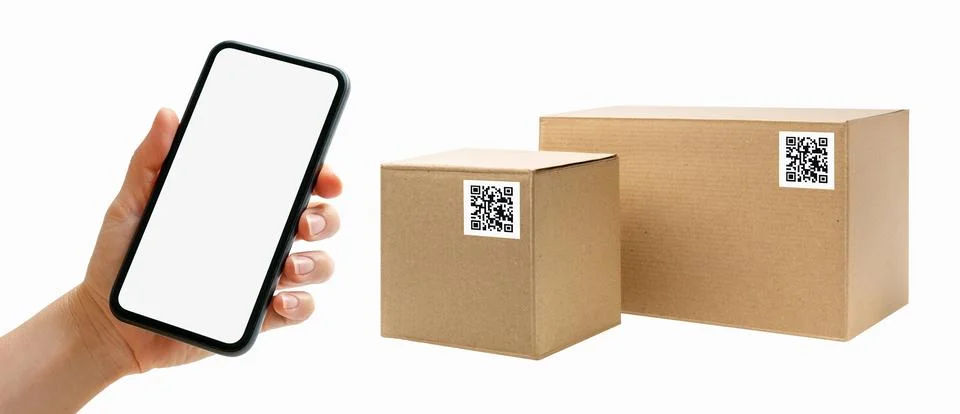 Scanning the QR code of the parcel with smartphone. Smart shipping and logist Stock Photos