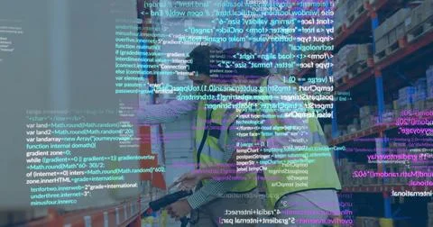 Scanning at racks, warehouse workers wearing vests using scanner tablet with Stockfoto's