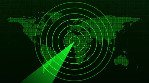 Scanning radar screen on world map find out information Stock Footage 347860417