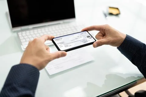 Scanning Remote Deposit Check Document Using Phone Stock Photos