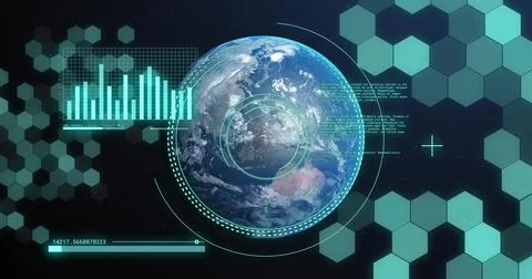 Scanning rendered Earth globe in orbital HUD interface, displaying reticles, hex Stockillustratie