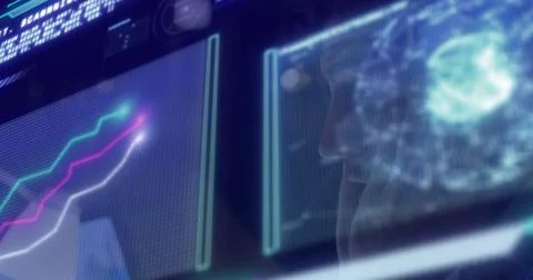 Scanning researcher interpreting brain scan and neon graph on holographic panels イラスト素材