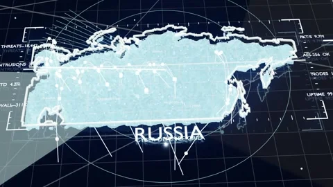 Scanning Russia map at cyber UI with radar beam lighting nodes and animating Stock-Footage 337505132