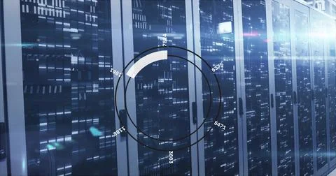 Scanning server racks showing lights and cables in data center, with circular Stock Photos
