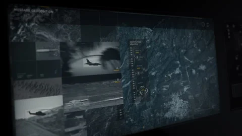 Scanning software ui finds the exact location of rival forces military base Stock Footage 272219430