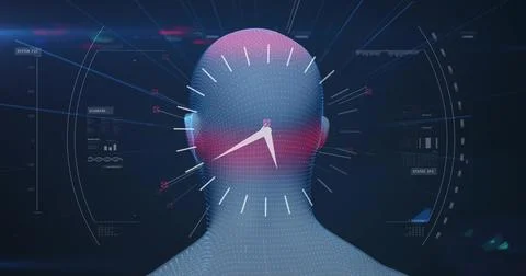 Scanning stylized dotted mesh head projecting HUD in digital space, showing Stock Illustration