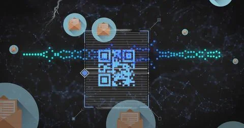 Scanning stylized QR code inside rectangular overlay at network interface, with Stock-Fotos