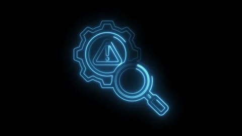 Scanning for system error with neon light magnifying glass and cogwheel Stock Footage 330784945