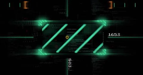 Scanning teal glowing frame pulsing three diagonal bars in HUD, showing target 库存插图