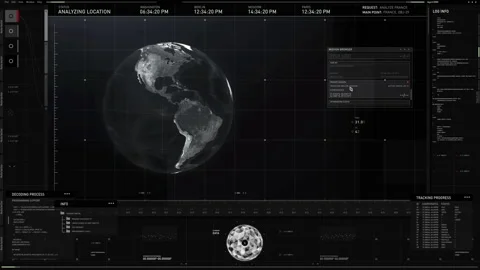 Scanning tech matrix detects satellite signal position above the military base Stock Footage 216594775
