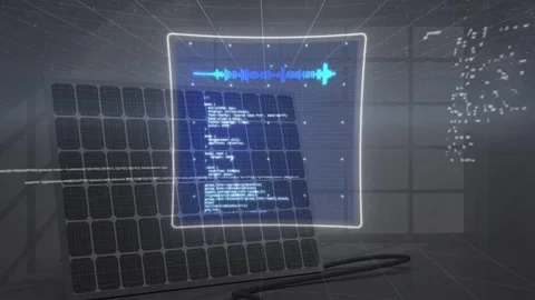 Scanning tilted PV panel with holographic diagnostic HUD in test lab, coiled Stockbeeldmateriaal 331169177