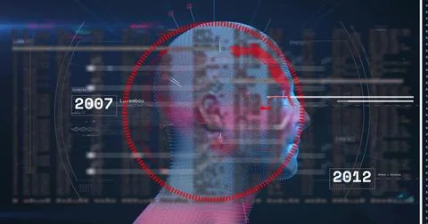Scanning translucent male head model receiving HUD scan in virtual console, Stock Illustration