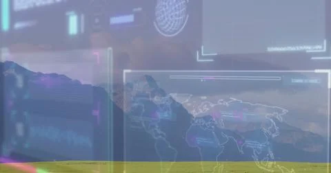 Scanning translucent world map interface over grassland at mountain foot, with Stock Photos