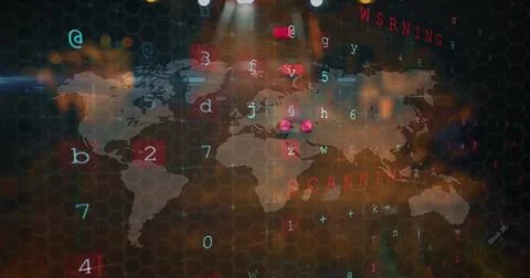 Scanning translucent world map showing floating alphanumeric stream over hex Stock Illustration