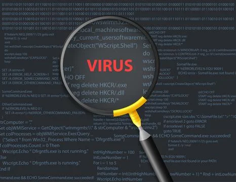 Scanning virus on script background with magnifying glass concept, Vector I.. Illustrazione stock